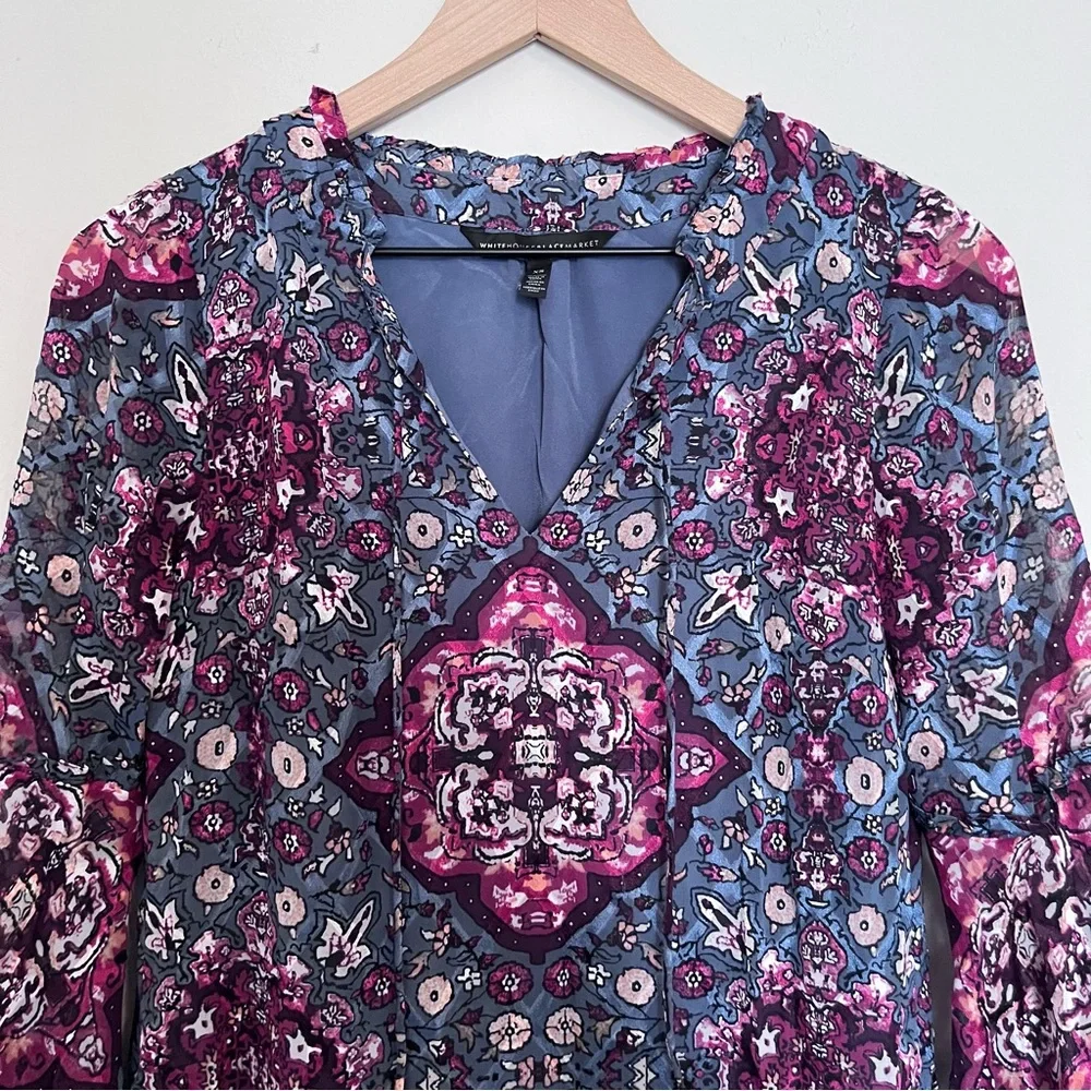White House Black Market Medallion Floral Shift Dress Bell Sleeves XS Boho - Picture 4 of 14